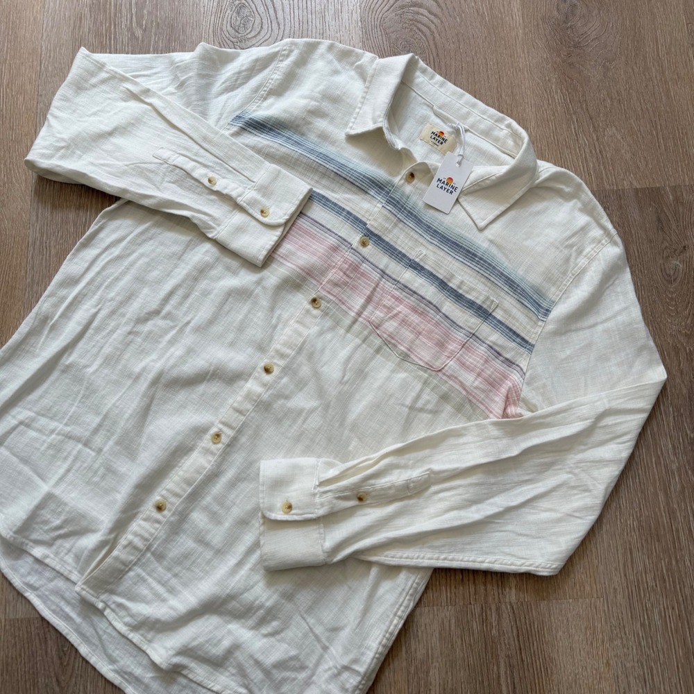 Marine Layer Classic Stretch Selvage Shirt Mens XL Natural Multi Stripe NWT